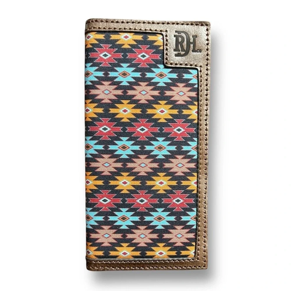New Red Dirt Hat Co Brown Aztec Rodeo Bifold Slim Wallet Genuine Leather Western